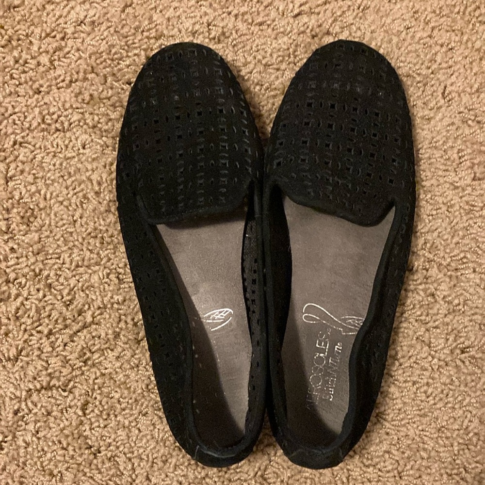 Aerosole Black  Perforated Suade Leather Flats NWOT